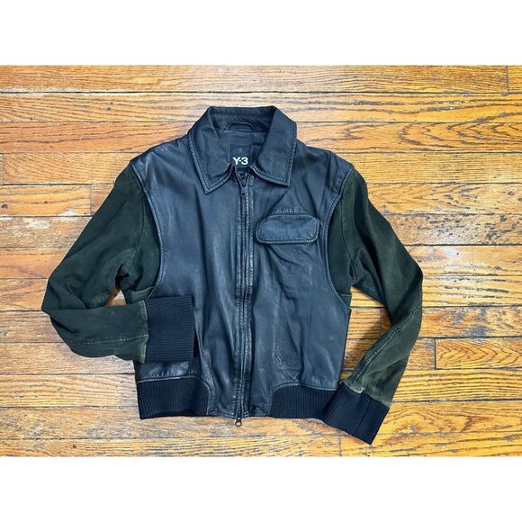 Y3 Yohji Yamamoto Adidas Black Leather Jacket suede green sleeveSize M